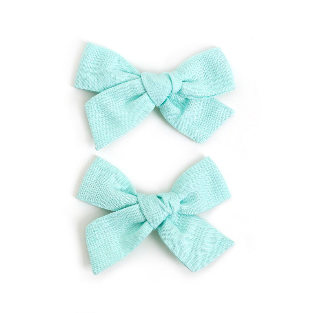aquamarine linen pigtail bows on clips