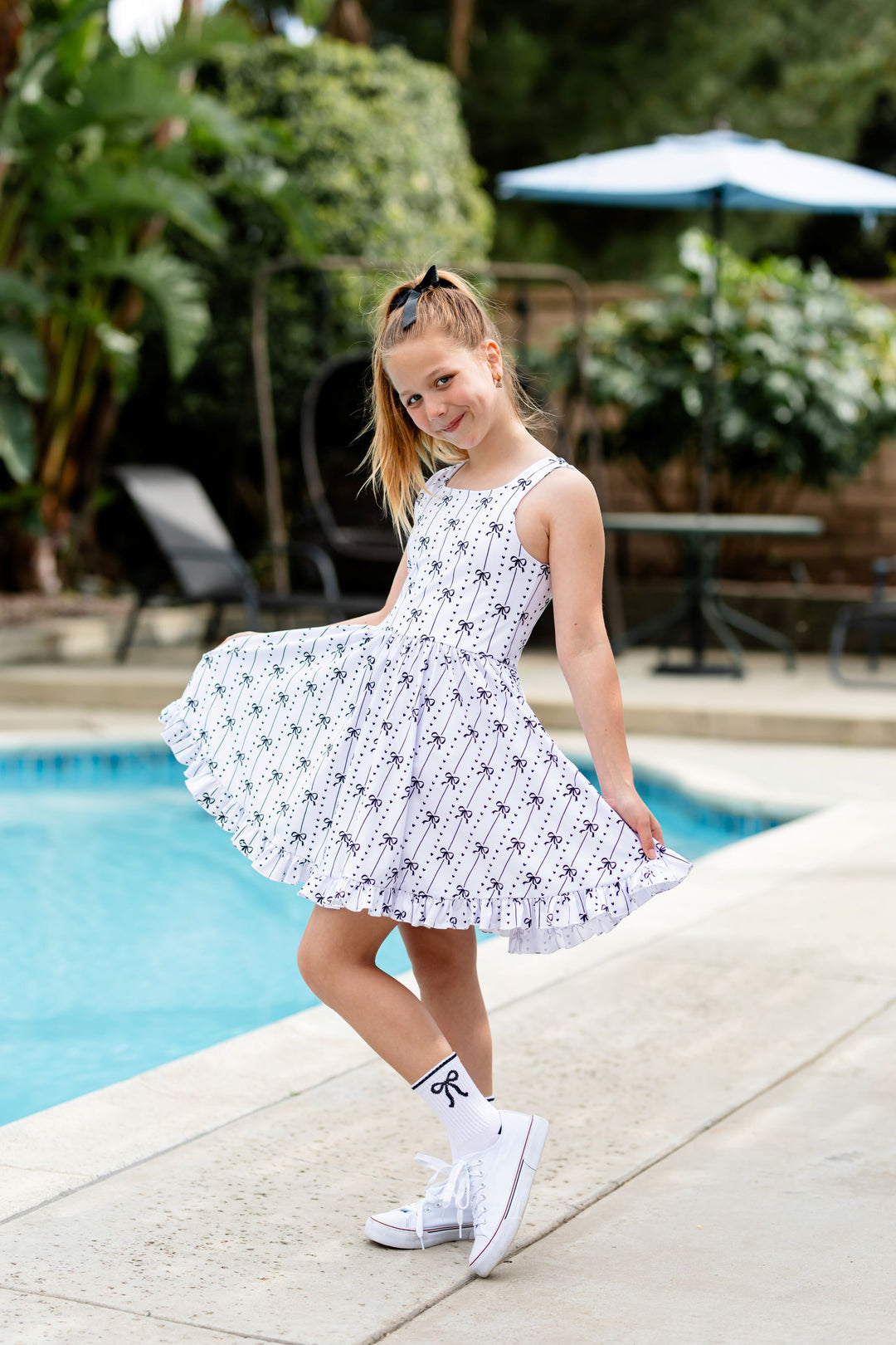 Girls' monochrome bow print sleeveless summer twirl dress 3
