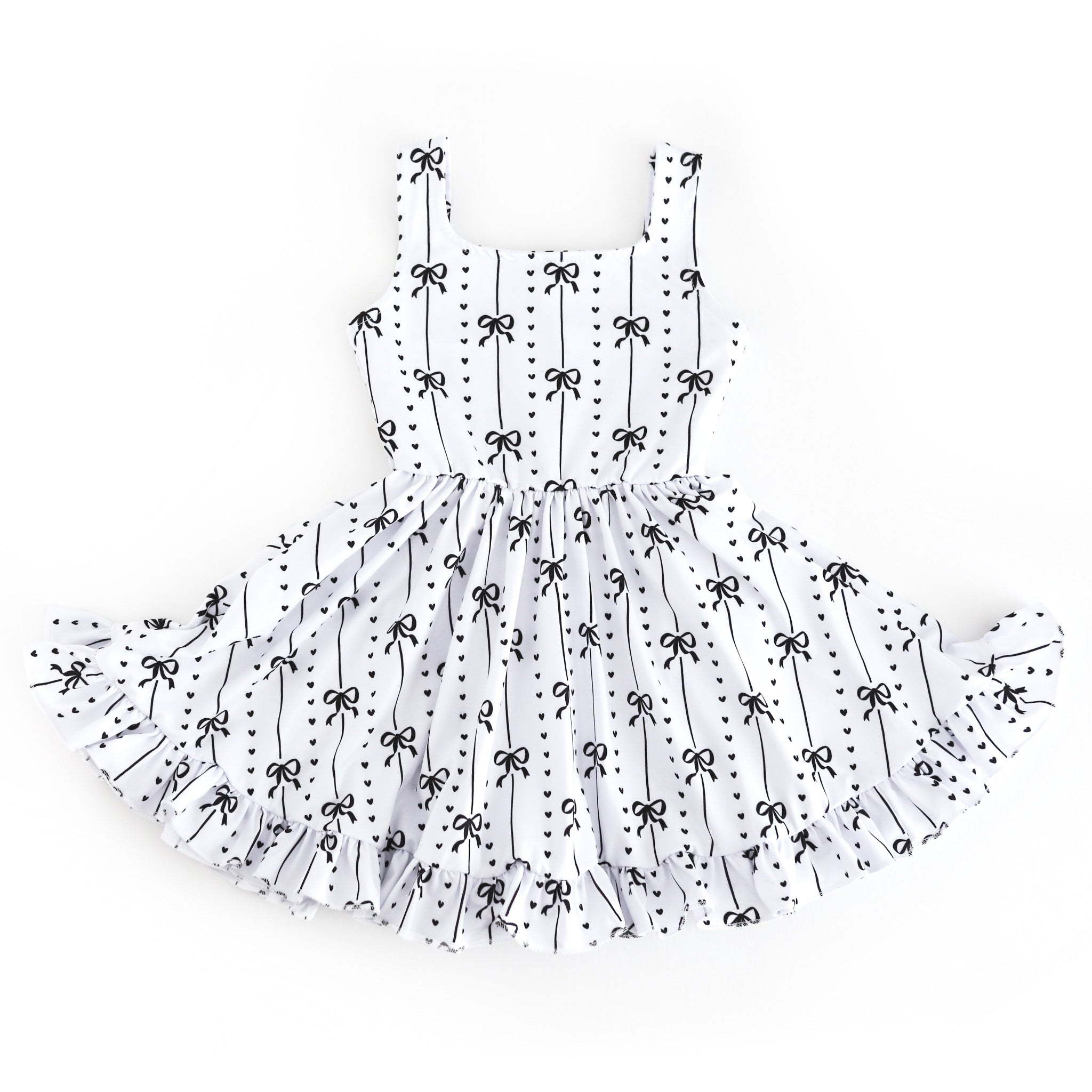 girls' black and white tank twirl dress with petite ribbon and heart pattern