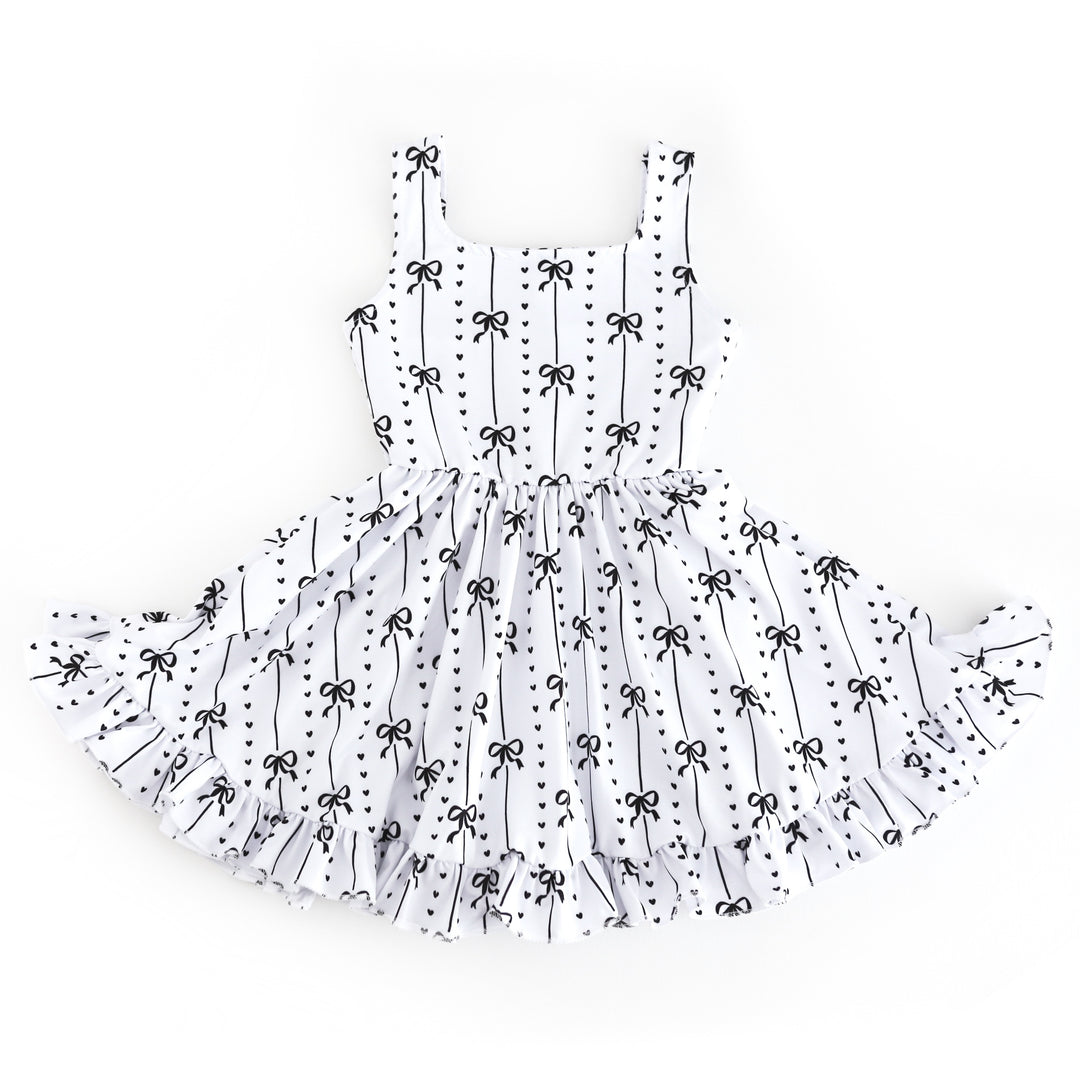 girls' black and white tank twirl dress with petite ribbon and heart pattern