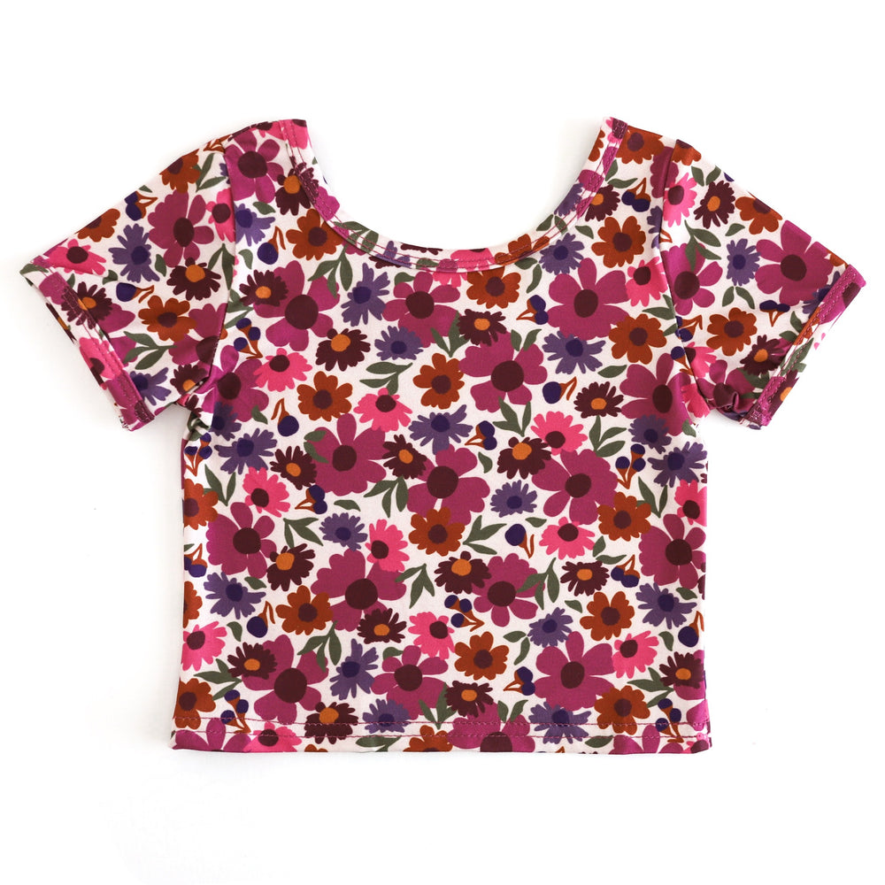 girls printed t-shirt with fall pinks, burgundy, mustard and sugar almond color palette on light cream background 