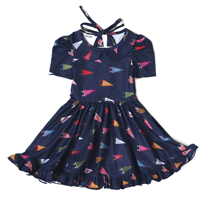 back to school dress for girls, navy blue with pennants