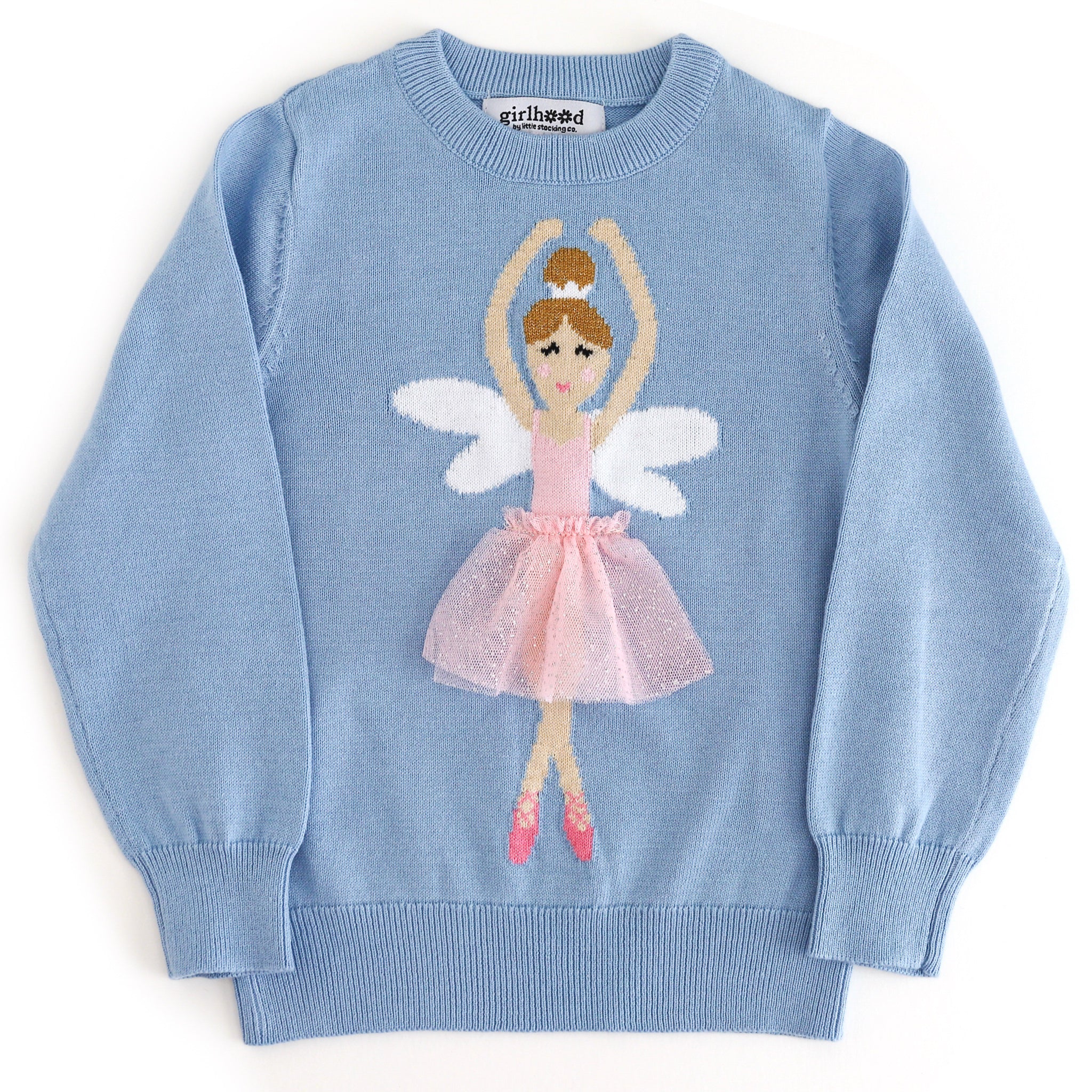 little girl blue pullover sweater with winged ballerina wearing 3D sparkly tutu