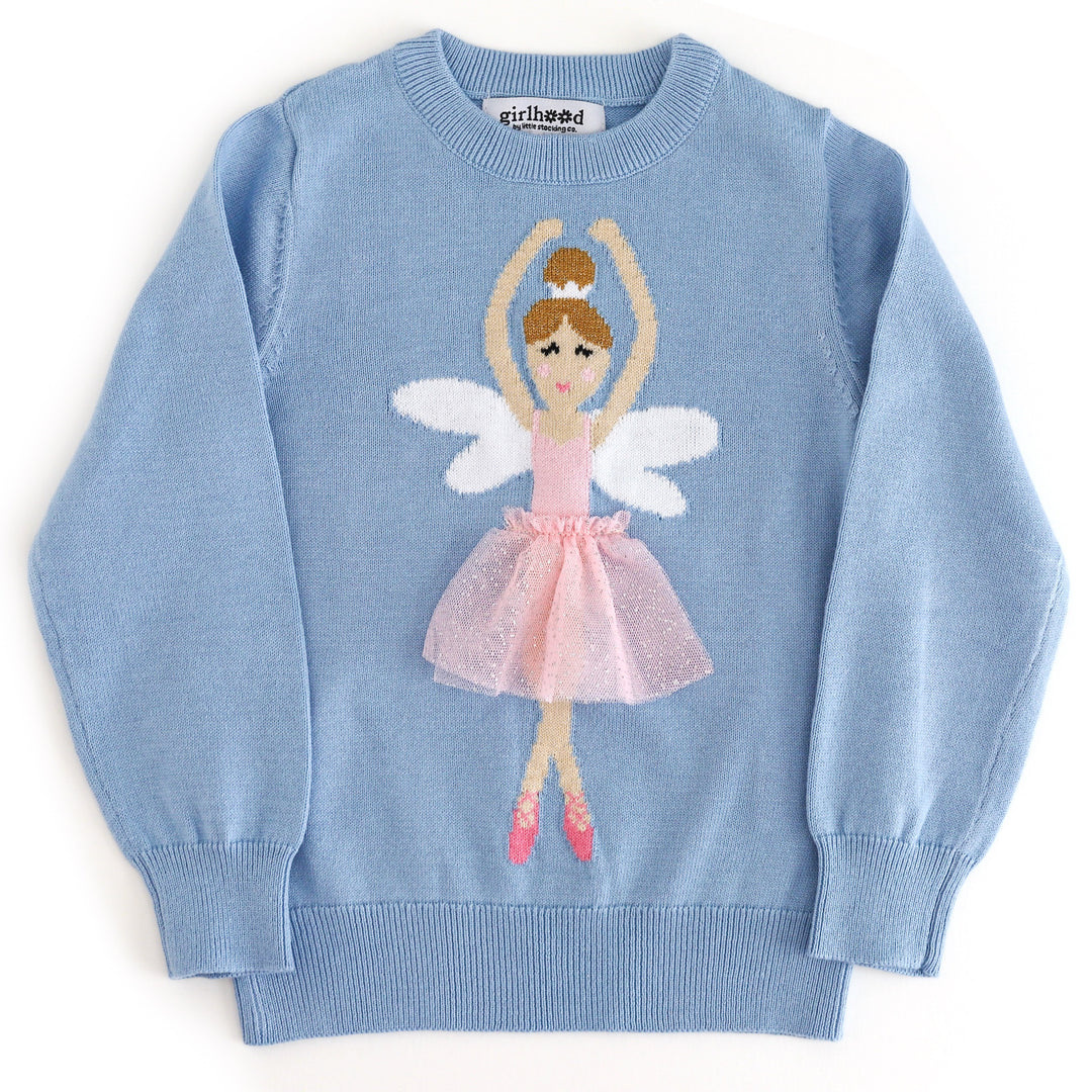 little girl blue pullover sweater with winged ballerina wearing 3D sparkly tutu