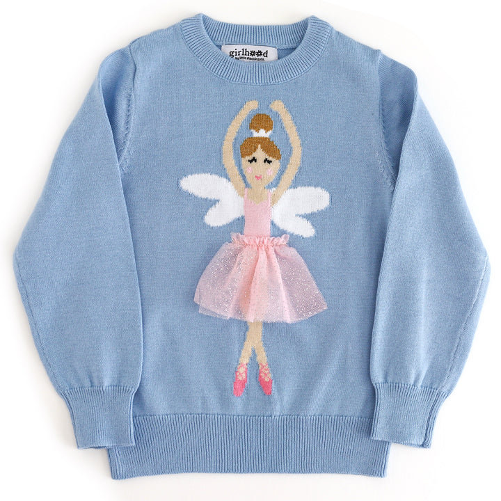 little girl blue pullover sweater with winged ballerina wearing 3D sparkly tutu
