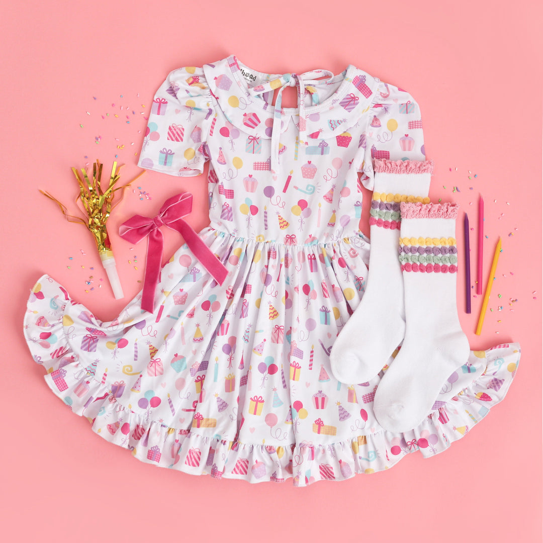 girls' white birthday print twirl dress with matching socks & bow