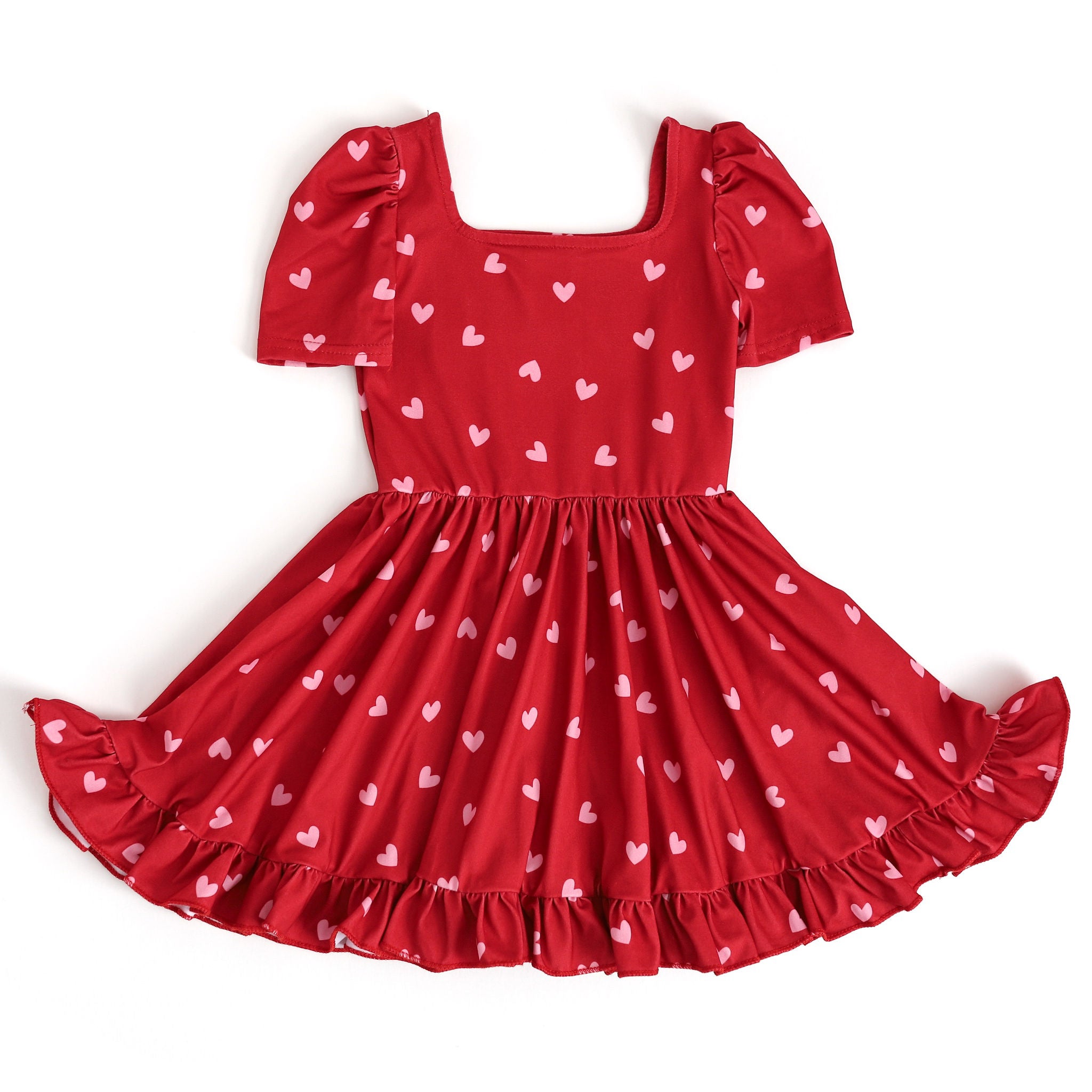 girls red square neck twirl dress with pink hearts for Valentine's Day