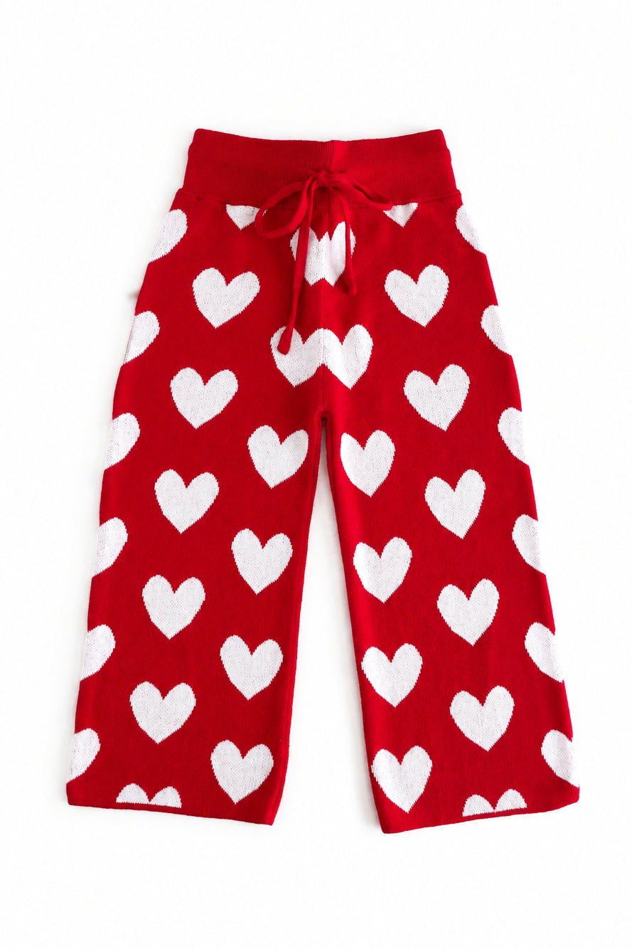 girls red valentines cotton knit sweater pants with all over white heart pattern and drawstring waistband