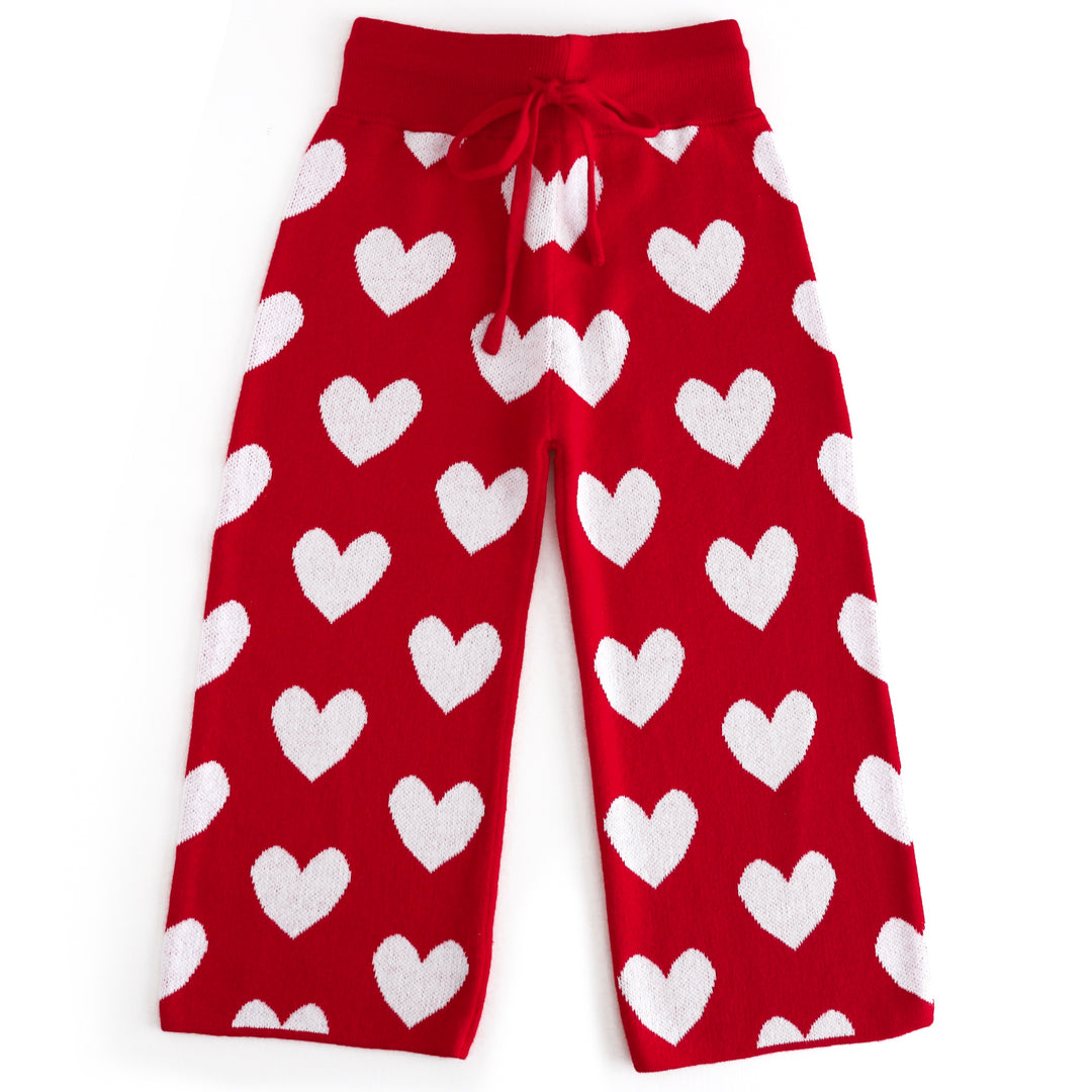 girls red valentines cotton knit sweater pants with all over white heart pattern and drawstring waistband