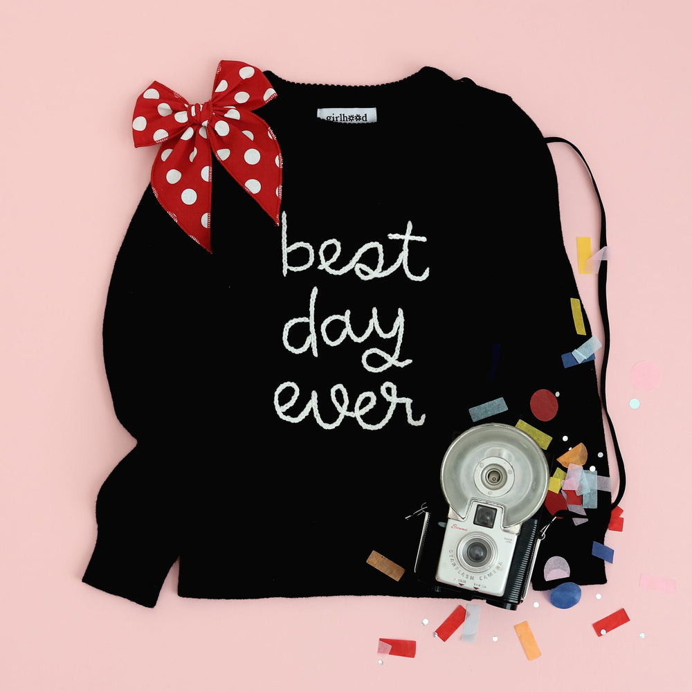 hand embroidered best day ever sweater with cute minnie mouse inspired red and white polka dot bow