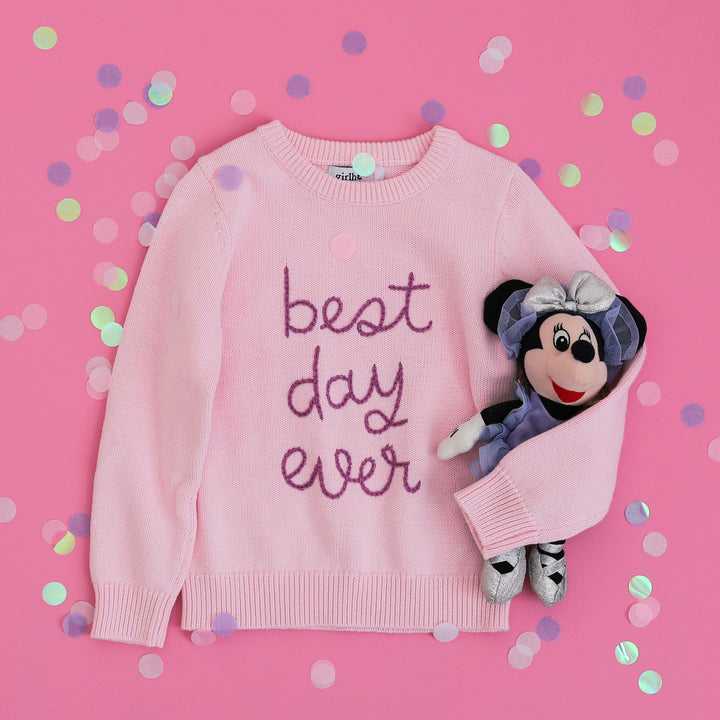 girls pink and purple best day ever sweater with minnie mouse toy