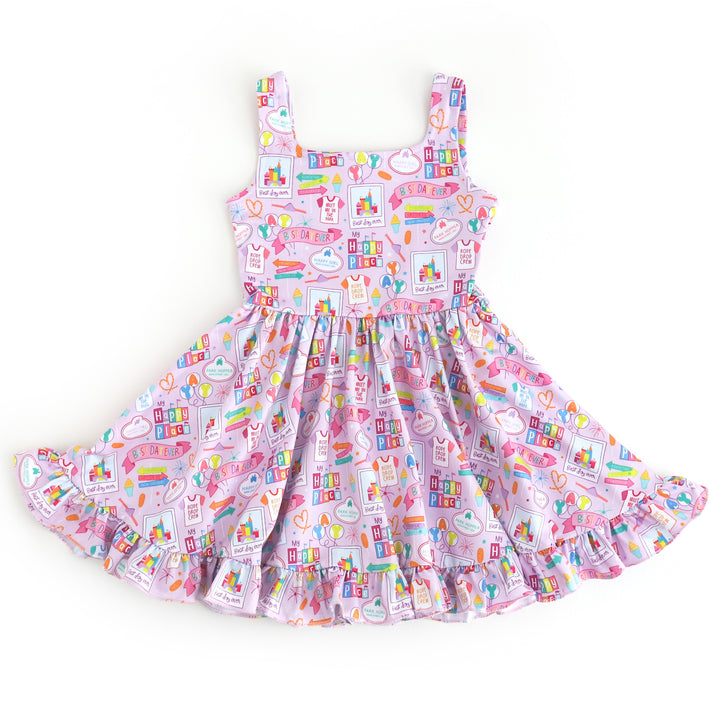 purple sleeveless twirl dress with best day ever print