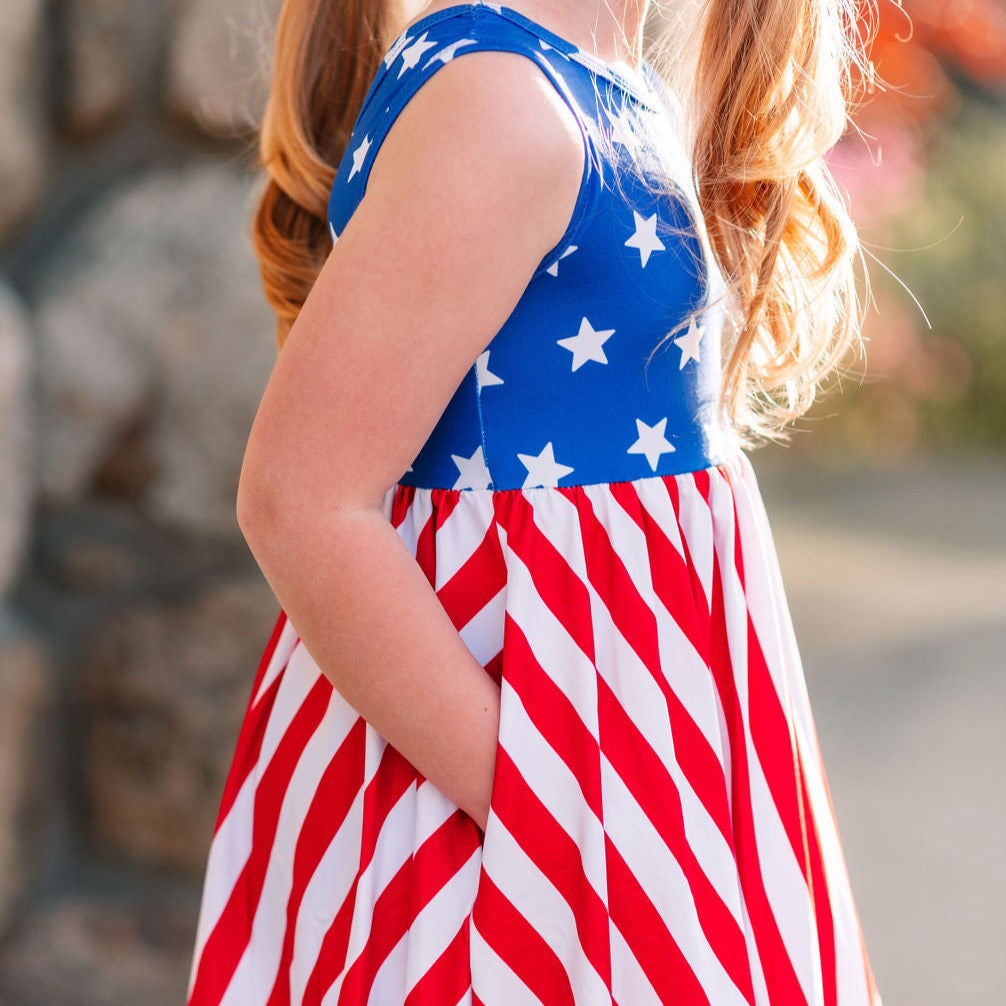 side pocket detail of girls' american flag inspired summer dress