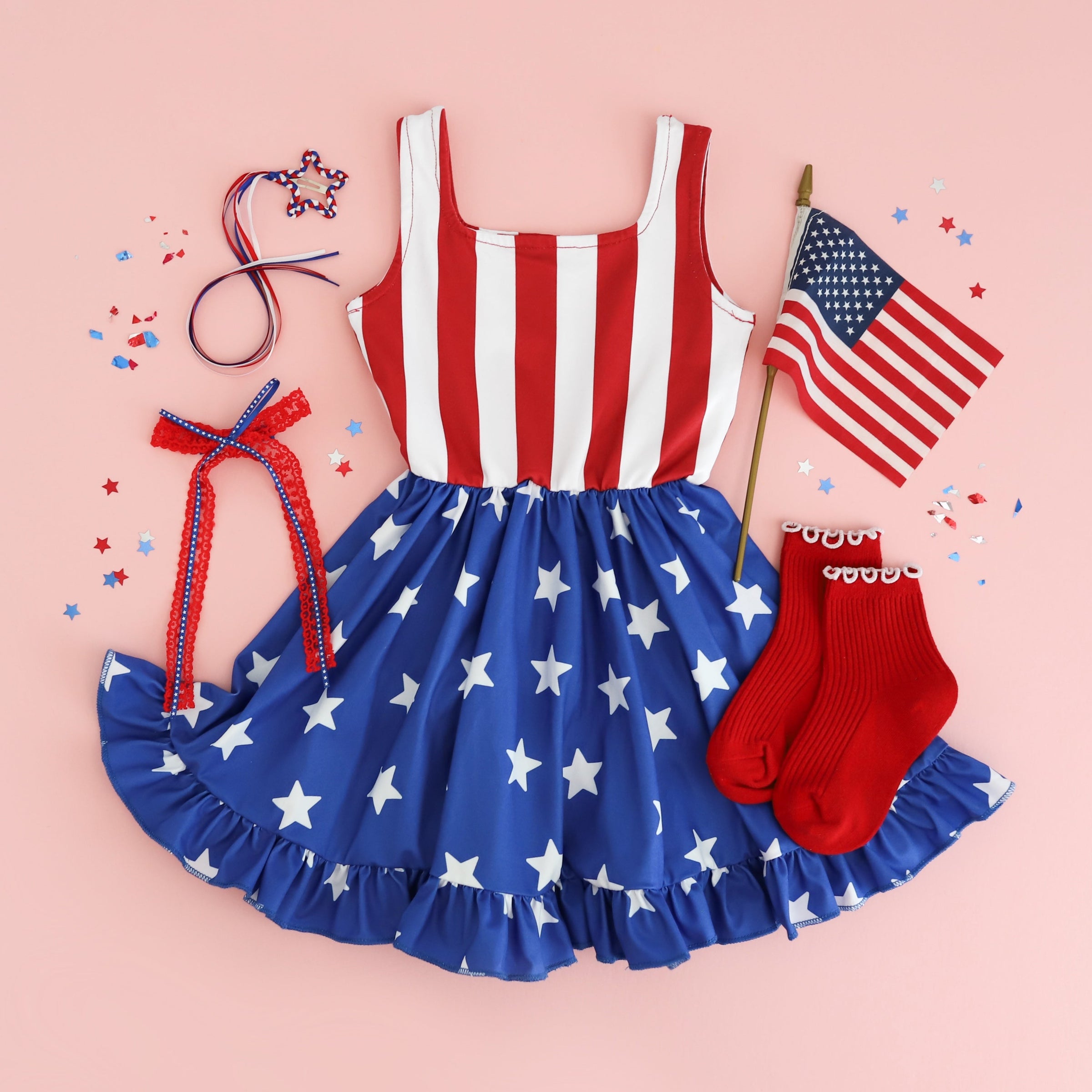 Girls 4th of July Dresses & Matching Hair Bows and Socks Little Stocking Company Girls 4th of July Dresses & Matching Hair Bows and Socks Little Stocking Company