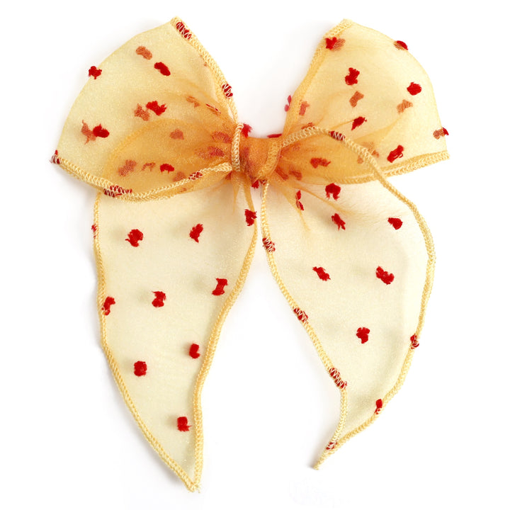 sheer yellow hair bow with fuzzy red polka dots