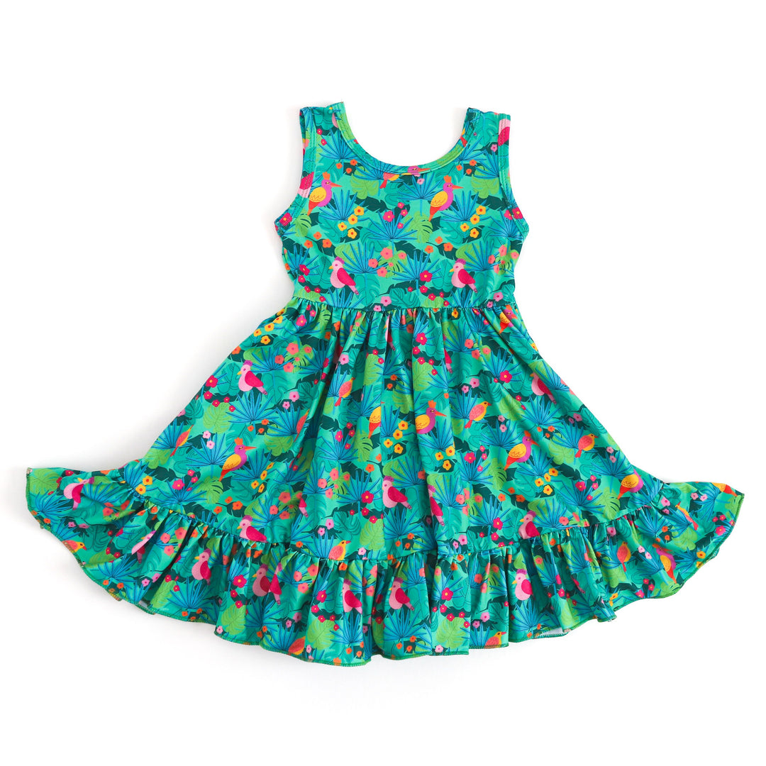 green and pink birds of paradise print summer dress for little girls