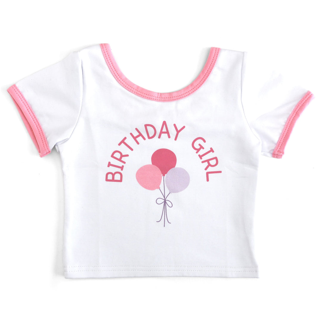 girls fitted white cotton blend t-shirt with pink binding and Birthday Girl print with pink and light purple balloons