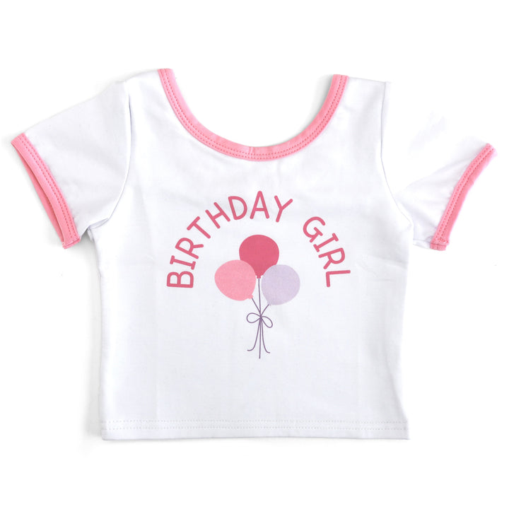 girls fitted white cotton blend t-shirt with pink binding and Birthday Girl print with pink and light purple balloons
