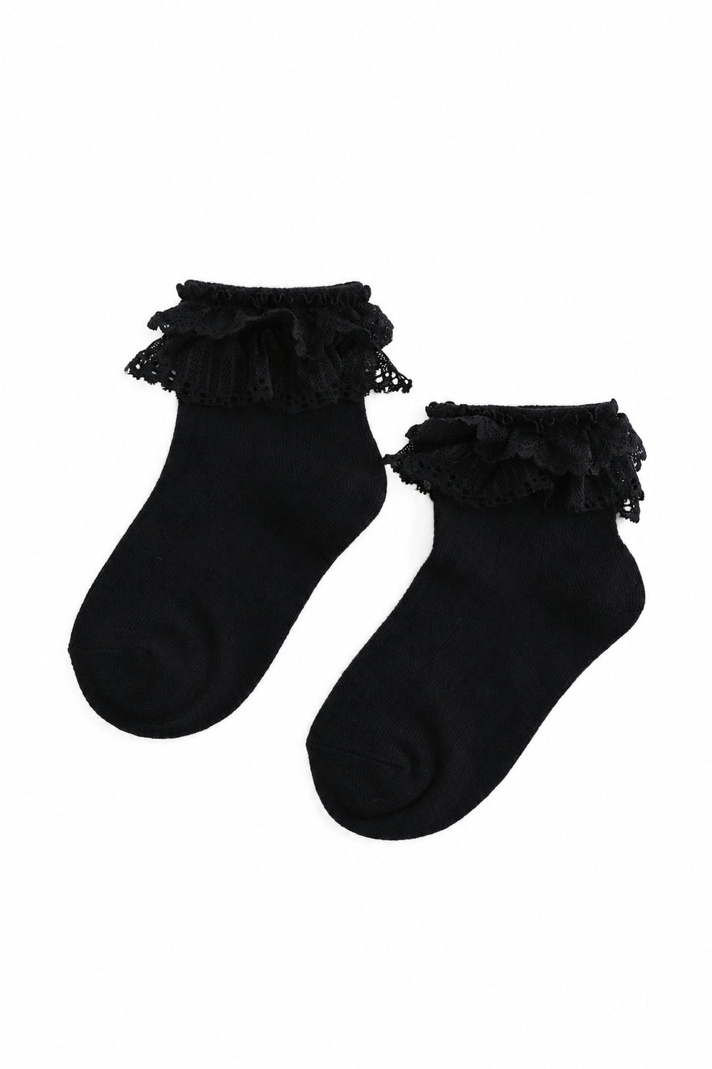 A pair of black ankle socks with ruffled lace trim at the top, displayed on a clean white background.