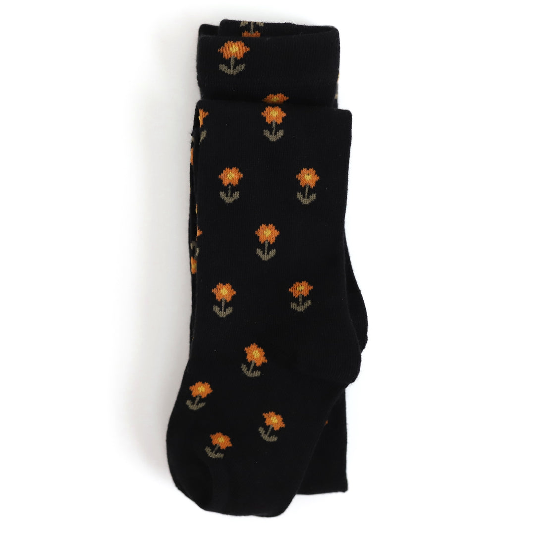 girls fall knit tights in black with orange flowers