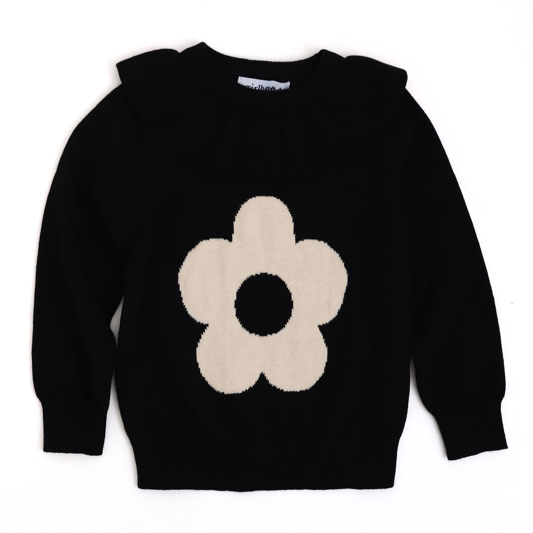 girls black ruffle collar sweater with vanilla flower on front