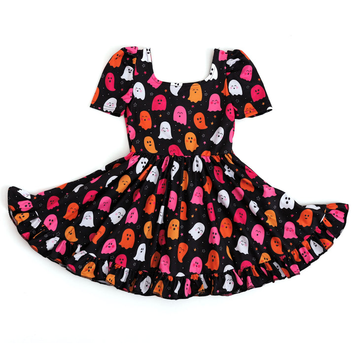 girls' black and pink ghost print halloween dress