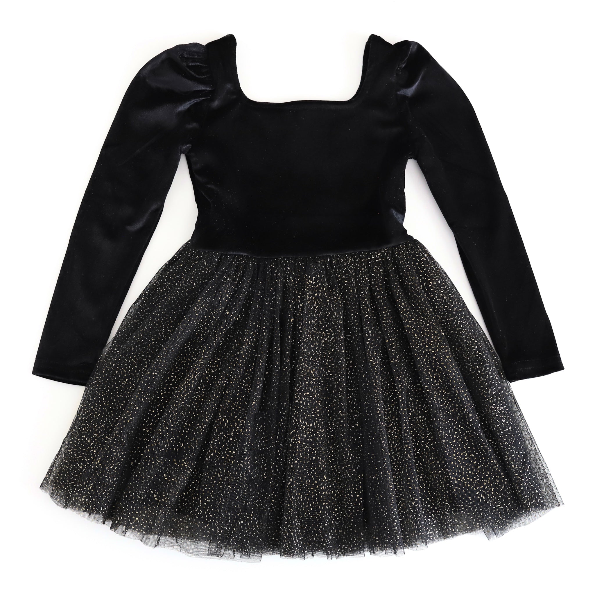 girls party dress with black velvet top and gold sparkle tulle tutu skirt