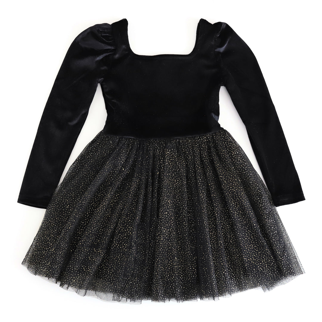 girls party dress with black velvet top and gold sparkle tulle tutu skirt