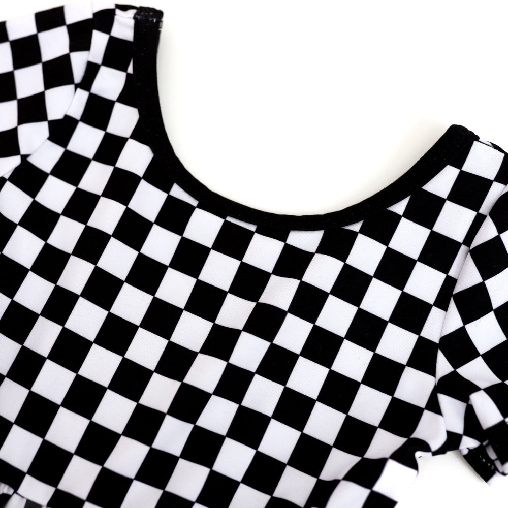 girls' black and white checkered print twirl dress