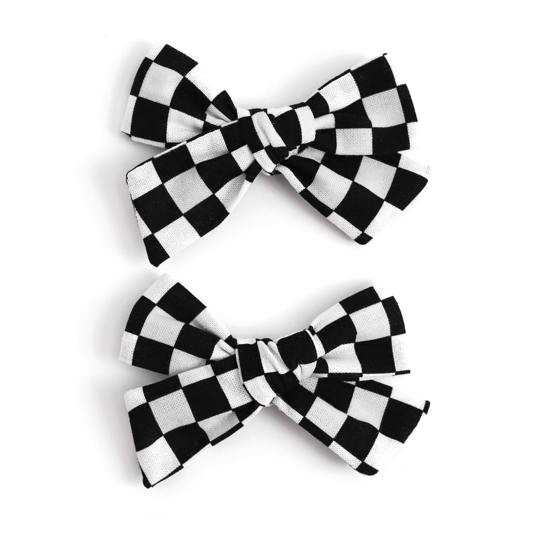 black and white checkered pigtail bows 