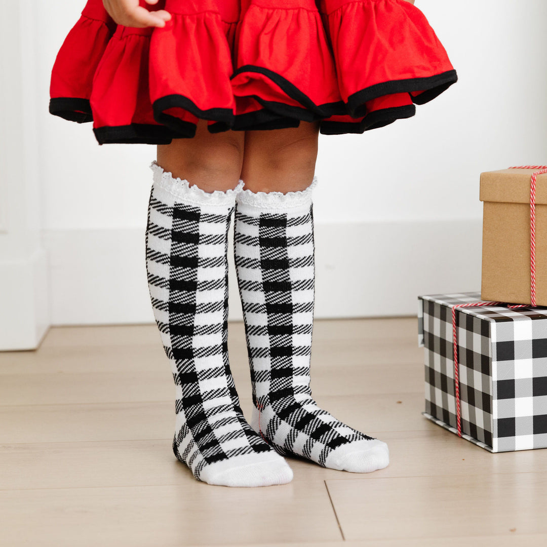 girls black and white buffalo check christmas knee high socks with white lace