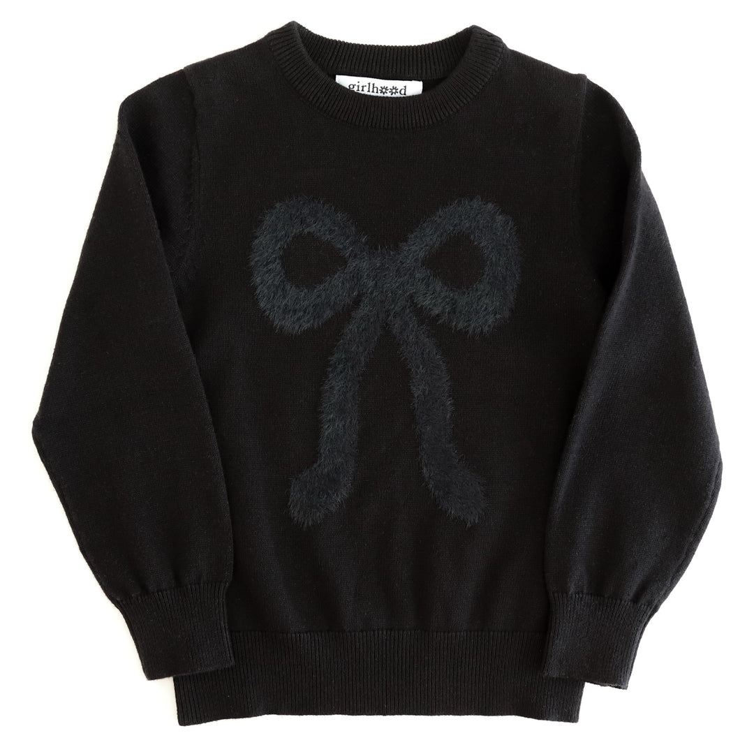 girls' black pullover cotton knit sweater with fuzzy black bow design to match Halloween outfits 