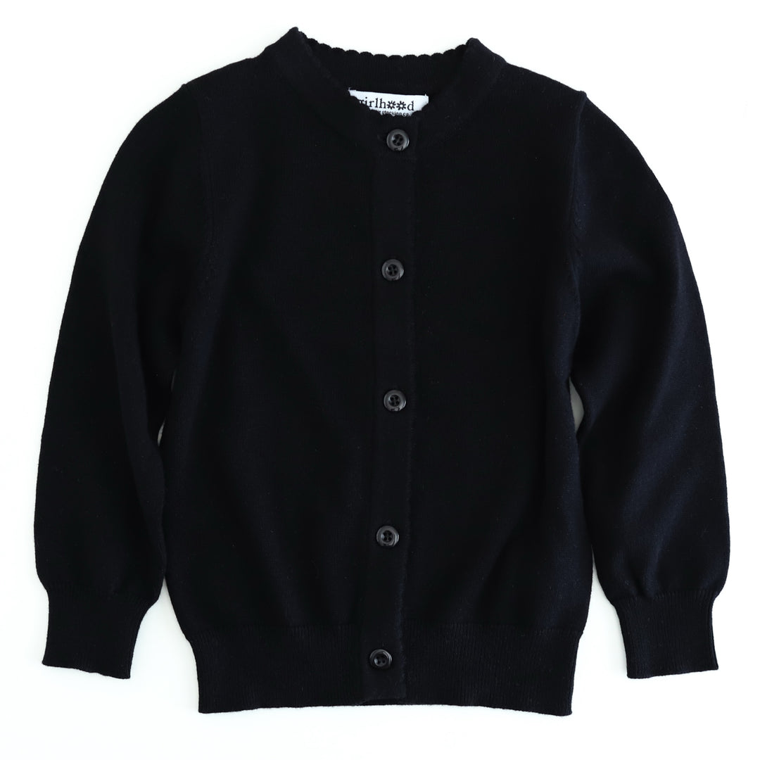 black cotton knit cardigan with scalloped trim and buttons down the front to pair with Halloween outfits