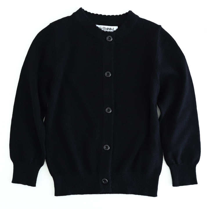 black cotton knit cardigan with scalloped trim and buttons down the front to pair with Halloween outfits