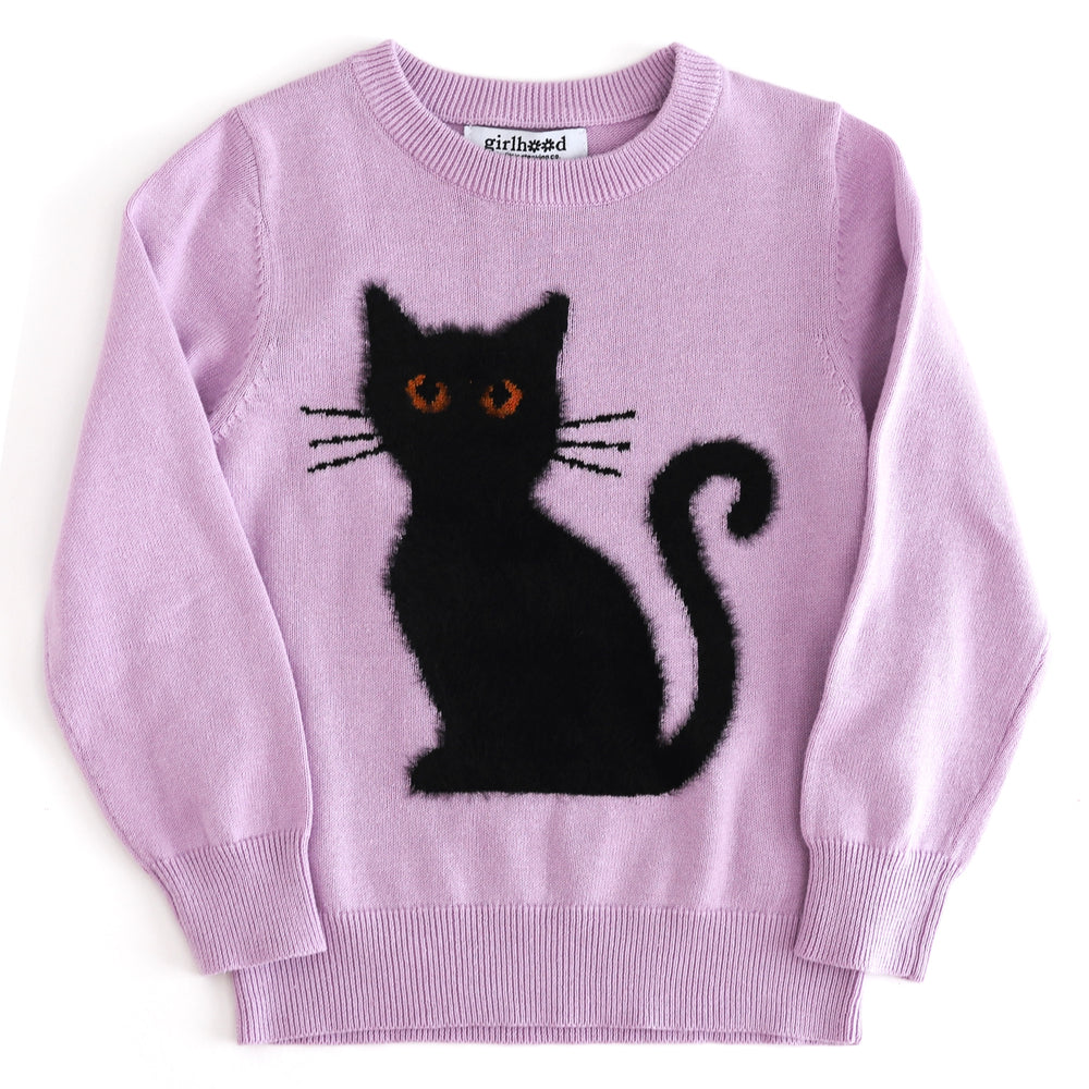 girls' lavender pullover sweater featuring fluffy black cat design with sparkly orange eyes for witchy Halloween looks