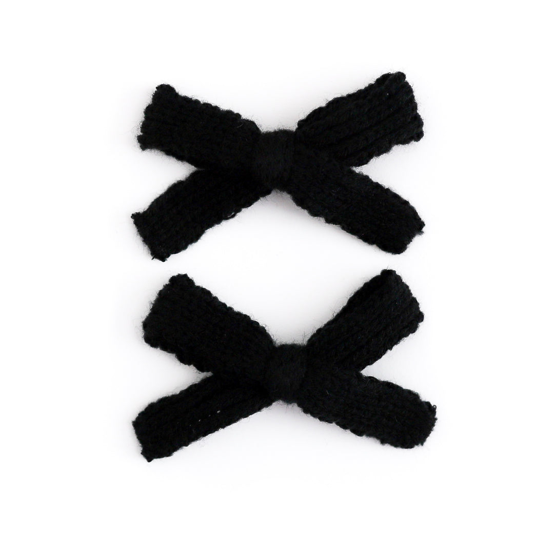 girls' black yarn knit pigtails bows for fall and Halloween on clips