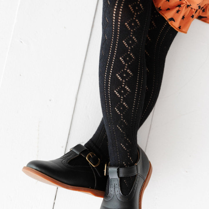 black pointelle knit knee high socks