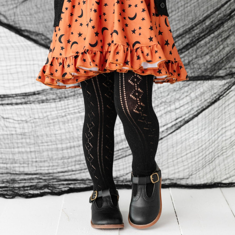 girls open knit black tights with moon and stars dress