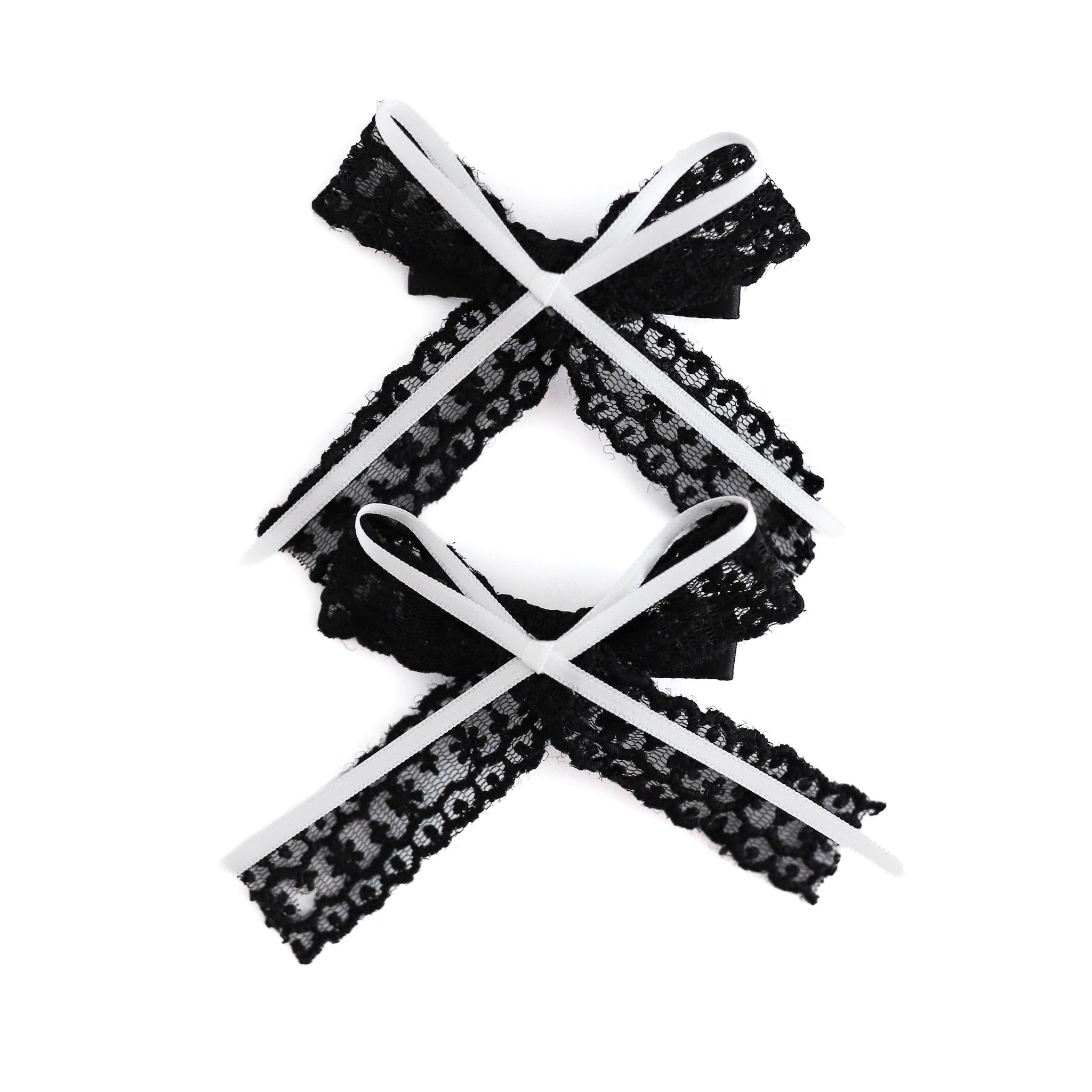 girls' black lace with white ribbon pigtail bows on clips for Halloween 