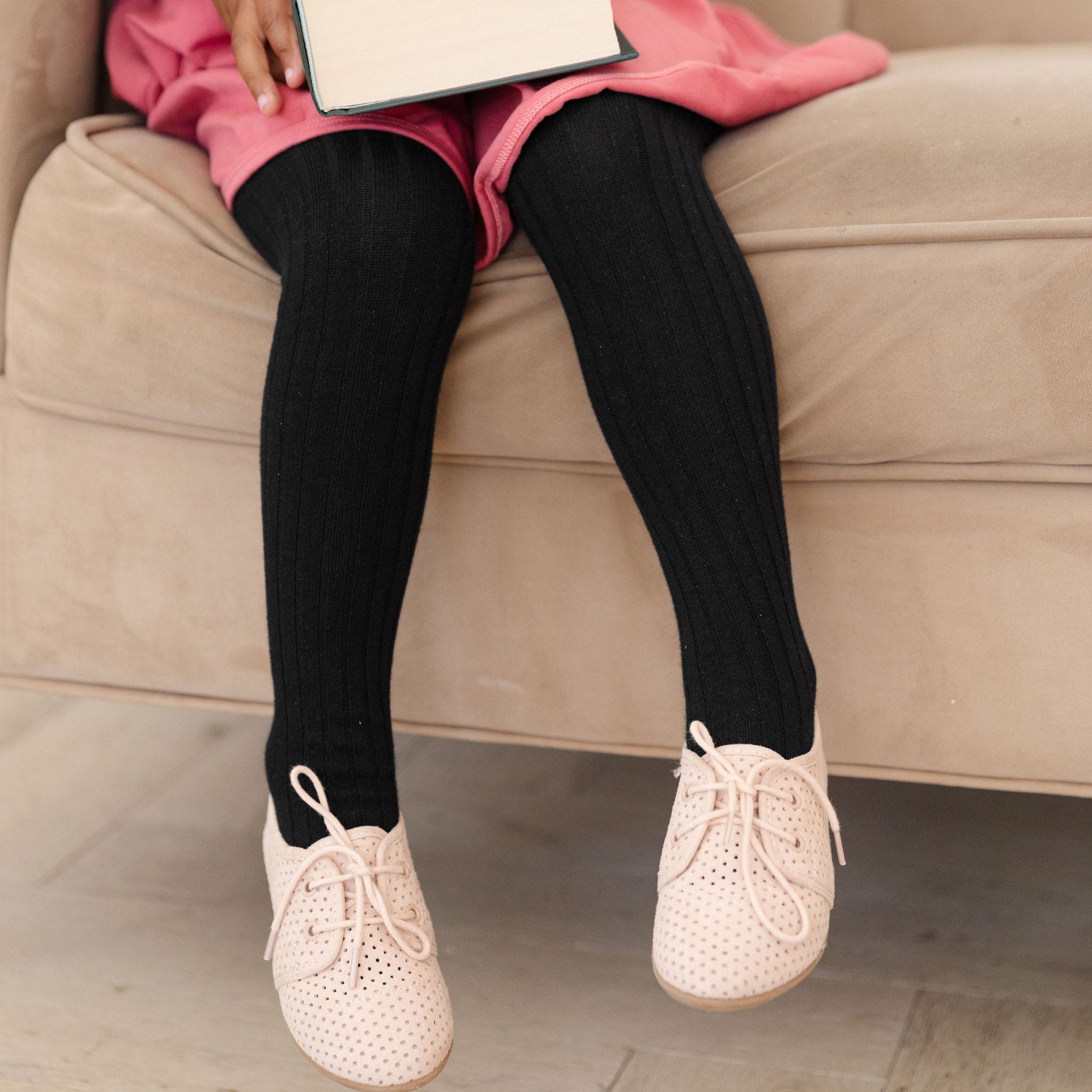 girls ribbed cotton tights in black