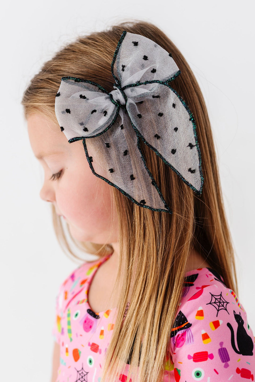 girls sheer polka hair bow black and white for halloween