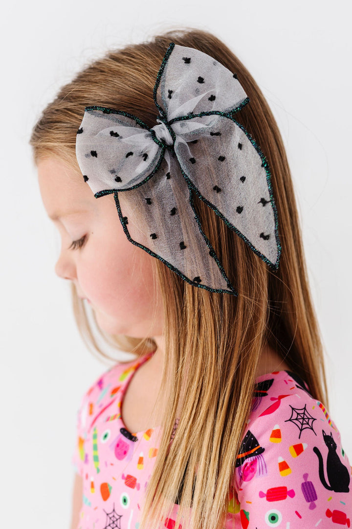 girls sheer polka hair bow black and white for halloween