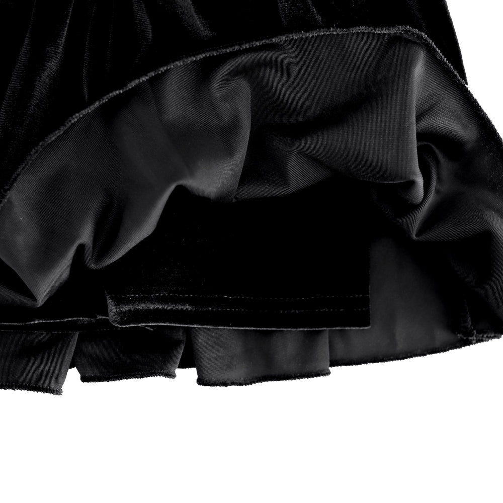 detail photo of built in black stretchy velvet shorts attached to velvet skort for Halloween