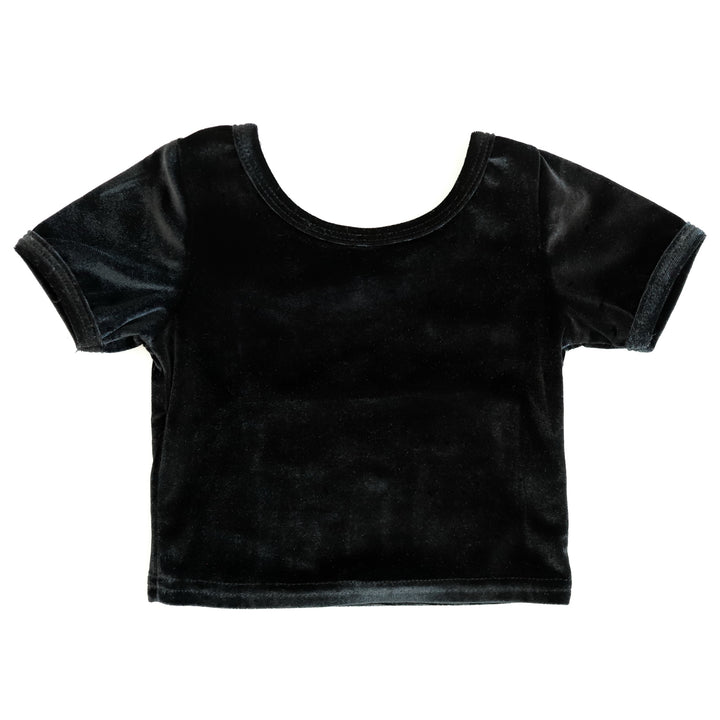 girls' fitted tee in stretchy black velvet for Halloween