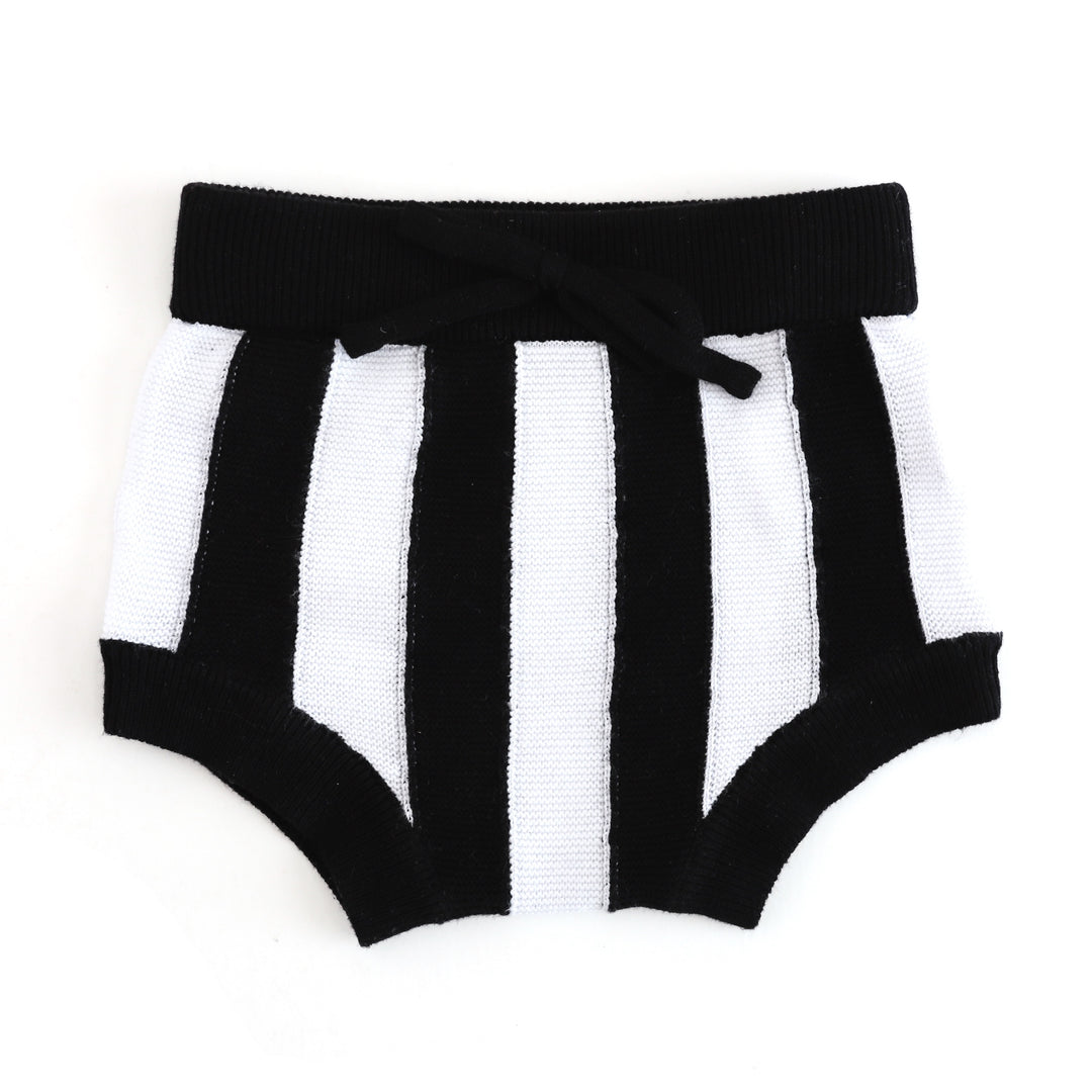 cotton knit sweater bloomers with black and white stripes and faux drawstring for baby's first Halloween