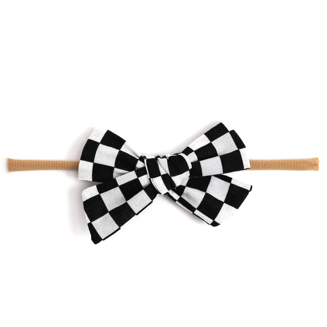 black and white checkered print baby hair bow on nylon