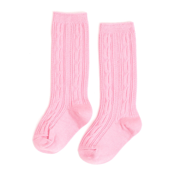 blossom pink cable knit knee high socks for babies, toddlers and girls