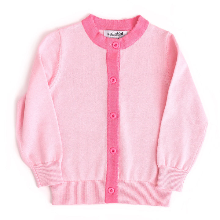 girls two-tone pink cotton knit cardigan in light pink with medium pink trim for spring layering