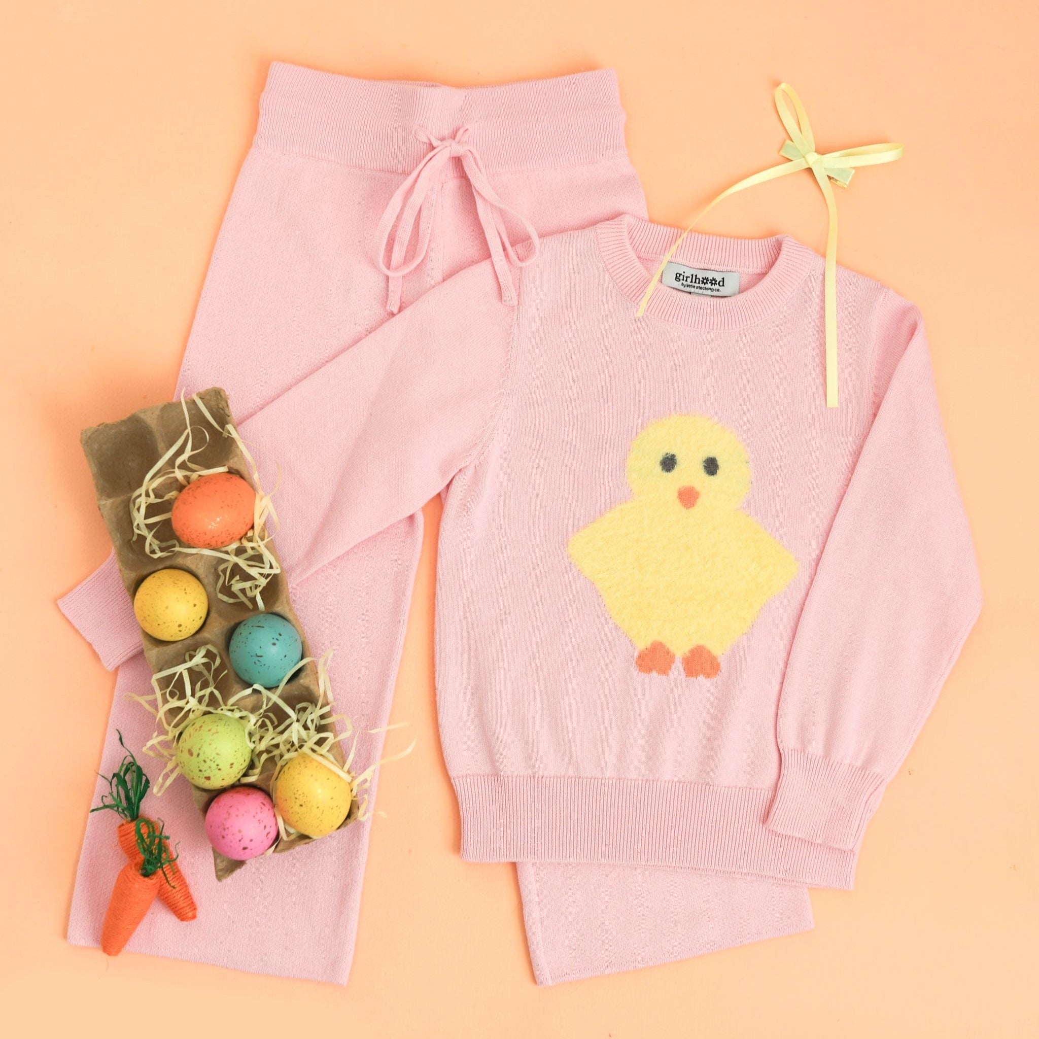 girl's spring pink knit pullover sweater with fluffy chick design, matching sweater pants and yellow satin bow