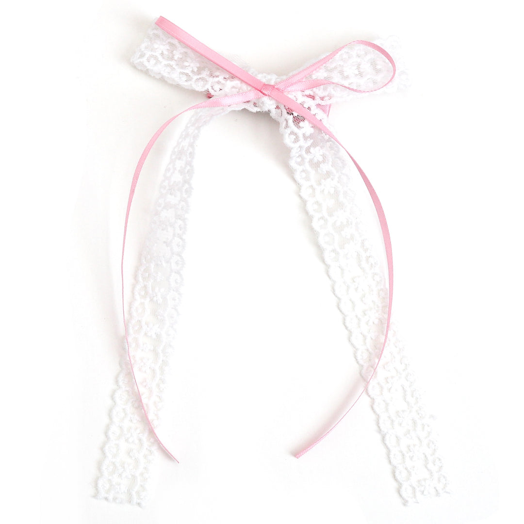girls white lace long tail bow on clip with pastel pink ribbon overlay for spring and easter